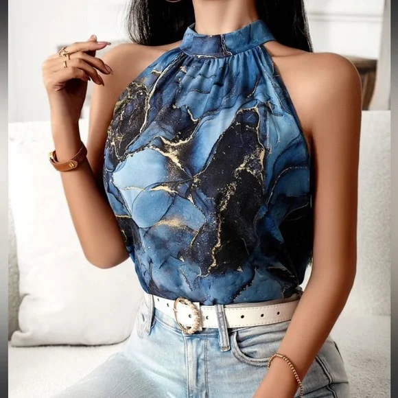 Elegant Classic Marble Water Color Print Halter Top Blouse Shirt Blue - Picture 4 of 12